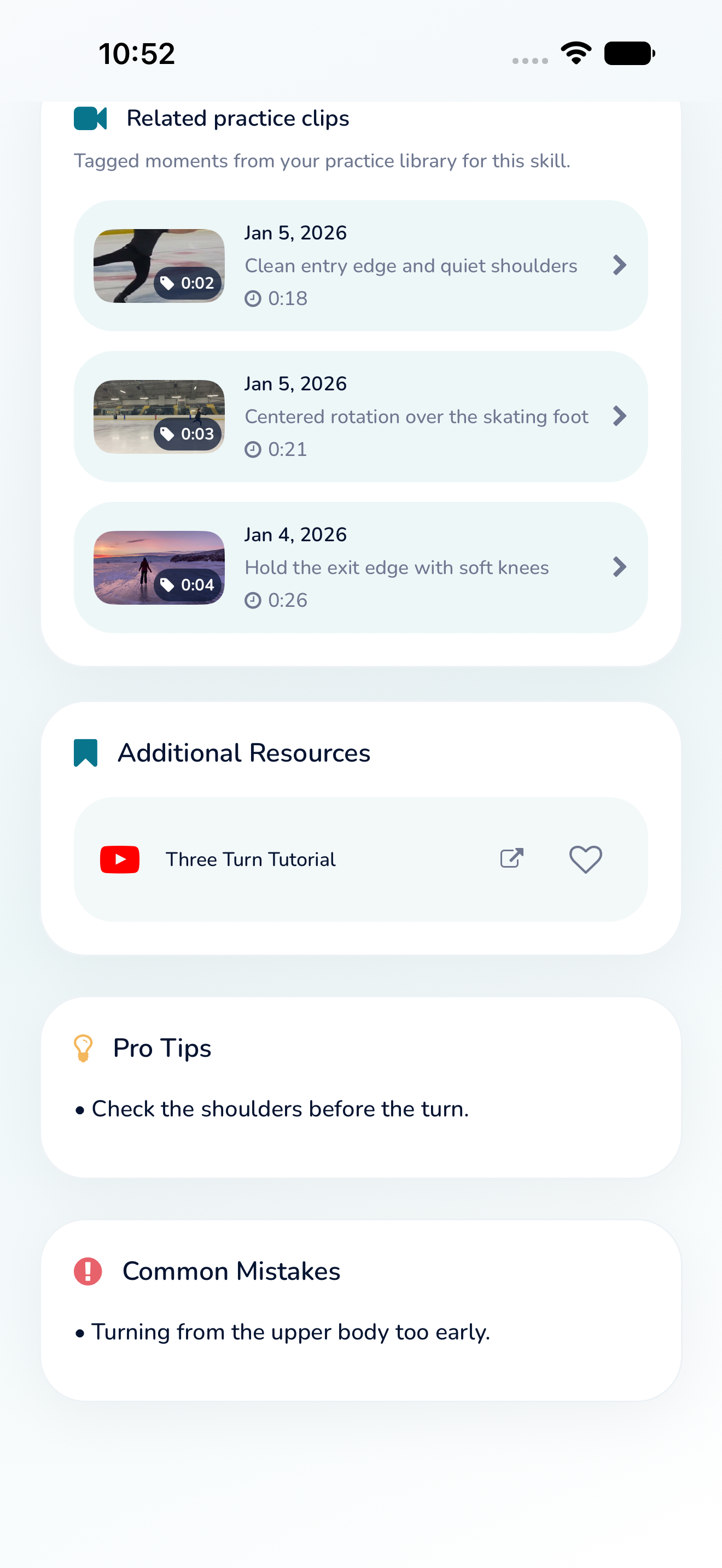 Axel screenshot showing related practice clips, resources, and pro tips